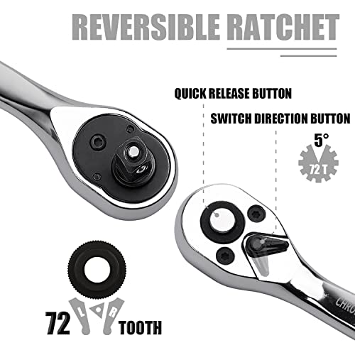 Egofine 53 Pieces 1/4 inch Drive Socket Ratchet Wrench Set with 72 Tooth Reversible Ratchet, with Bit Socket Set and Extension Bar for Auto Repairing and Household, with Storage Case - style: 1/4" 53 PCS with 72 Teeth Ratchet