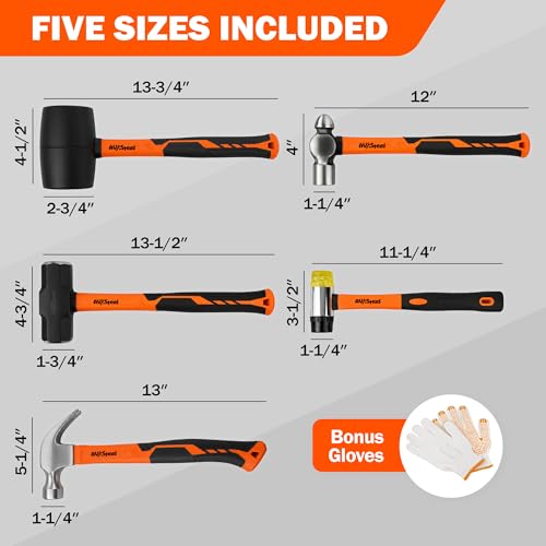 AV Steel 5-Pack Mallet Hammer Set - 32oz Rubber Mallet, 33mm Double-Faced Mallet, 16oz Claw Hammer, 16oz Ball Peen Hammer & 3lb Sledge and Gloves for DIY and Home Repair