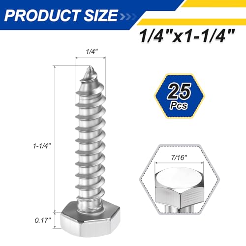 25 Pcs Hex Head Lag Screws 1/4" x1-1/4 SS 18-8 (304) Lag Bolts - color: Silver, size: 1/4"x1-1/4"