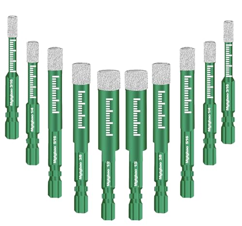 10PCS Green Dry Diamond Drill Bits Set, Tile Drill bit for Granite Marble Tile Ceramic Stone Glass Diamond Hole Saw Kit with Size 3/16,1/4, 5/16, 3/8, 1/2