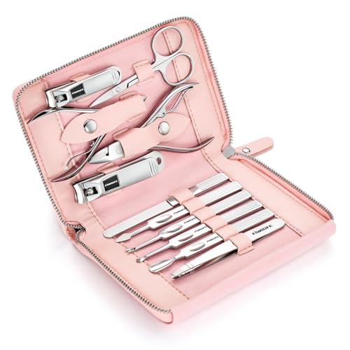 FAMILIFE Stainless Steel Manicure Set 11-in-1 Professional Nail Clipper Kit | Portable Leather Travel Case, Pedicure & Grooming Tools for Fingernails & Toenails, Luxury Gifts Set for Men & Women, Pink - color: Pink