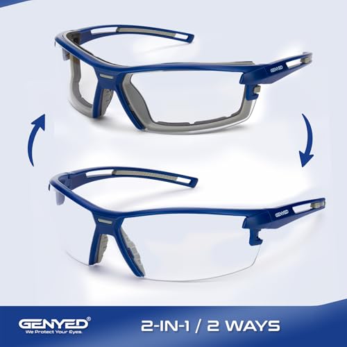 GENYED Safety Glasses ANSI Z87+ with Removable Foam Gasket, Clear Lens, Anti-Fog, Scratch-Resistant, UV400 Wraparound Protective Eyewear for Work, Construction & DIY