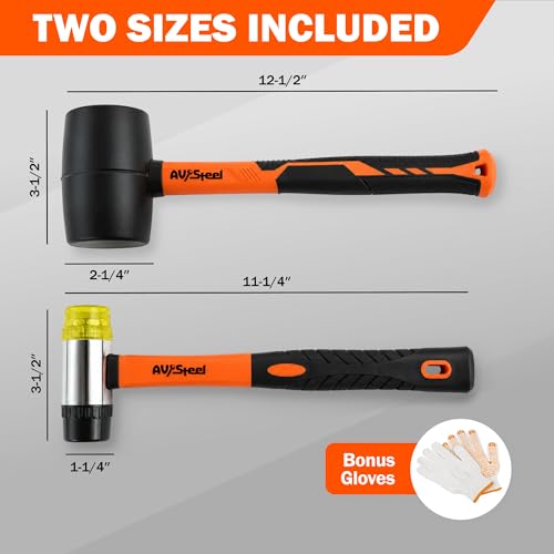 AV Steel 2-Pack Rubber Mallet Hammer Set, 16oz Rubber Hammer & 33mm Double-Faced Soft Mallet with Replaceable Heads and Glove, Fiberglass Handle, Damage-Free for Flooring, Tile, Woodworking