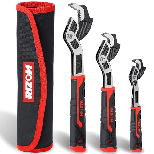 Rizom Pipe Wrench Set, 6” 8” 10” Self Adjusting Wrench, Plumbers Wrench with Self Tightening Function for 9/32”-1 3/8” (7-35mm) Pipe Fittings and Nuts - color: Red