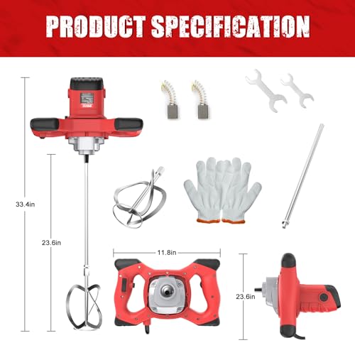 IMAYCC Cement Mixer, 2100W Electric Concrete Mixer with 6 Speed, 110V Handheld Mud Mixer for Motar,Paint, Grout, Plaster, Thinset,Fodder Stirring Tool - color: Red