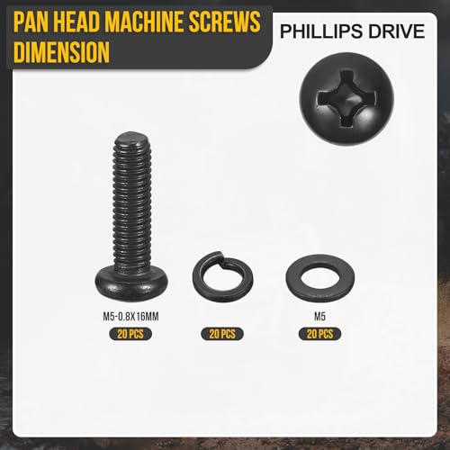 DTGN M5-0.8x20mm Phillips Pan Head Machine Screw W/Washer Black 60Pcs - size: M5-0.8x20mm