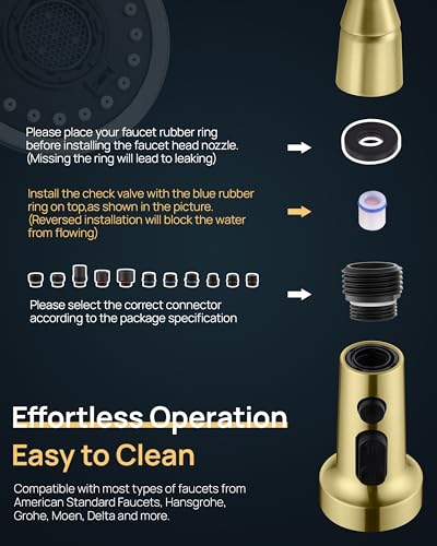 J-HVA Pull Down Kitchen Faucet Sprayer Head Replacement Part, Brushed Gold | 3 Function with 15 Adapters Pull Out Sink Sprayer Replacement Nozzle, Kitchen Faucet Head Hose Spray Tap Spout - color: Brushed Gold