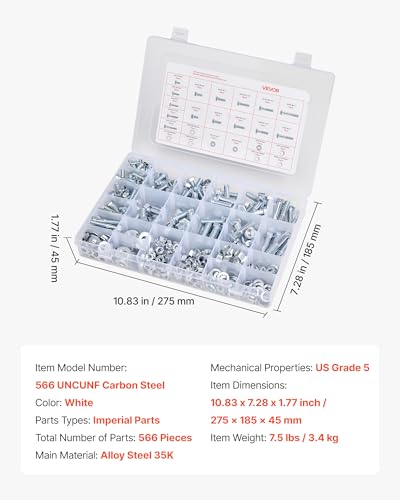 VEVOR 566 Pcs Bolts and Nuts Assortment Kit, Imperial Machine Screws and Flat Washers, Alloy Steel 1/4-20,5/16-18,3/8-16, for Furniture/Equipment/Vehicle Assembly, Galvanized White - size: 566 PCS - Imperial (1/4-20, 5/16-18, 3/8-16)