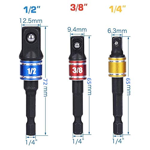 CIGOTU Socket Adapter Extension Set, 1/4, 3/8, 1/2 Inch Hex Shank, Impact Grade, Power Drill to Socket Converter, 3-Piece (Black) | 1/4, 3/8, 1/2 Inch Hex Shank, Impact Grade, Power Drill to Socket Converter, 3-Piece - color: 3*black
