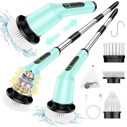 Electric Spin Scrubber for Bathroom, Shower Scrubber with Long Handle - color: Mint Green, size: 3 Brush Heads