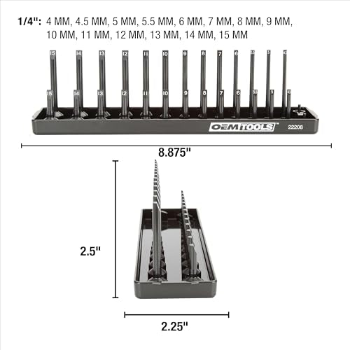 OEMTOOLS 22208 1/4" Metric Socket Organizer, 1/4 Socket Holder for Deep and Shallow Sockets, Labeled Posts, Dual Rail, Holds 4 mm to 15 mm - size: 1/4"