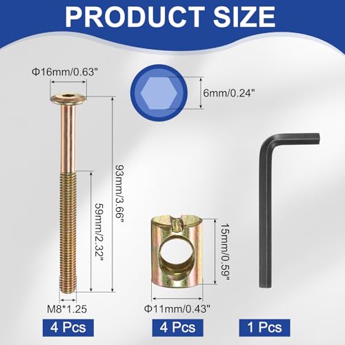 PATIKIL 4 Set Bunk Bed Bolts and Nuts Kit, M8x90mm Furniture Bolts Hex Drive Socket Cap Hardware Replacement for Beds Headboards Chairs - size: M8x90mm