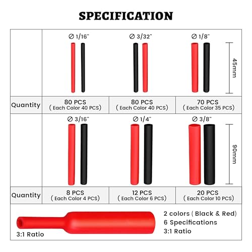 RED WOLF Waterproof Red and Black Heat Shrink Tubing Kit 270PCS, 3:1 Shrinkage Ratio, Adhesive Lined Electrical Cable Harness Heat Shrink Tube Marine Grade for Wire Wrap Connection Insulation