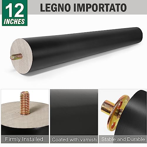 FoDau770 Rubber Wood Legs 12", Straight Taper, 5/16"-18 Thread, Black, 4pcs | Wood Couch legs - Mid Century Sofa Legs - Furniture legs Replacement for Cabinet Dresser Chair Ottoman - color: Black, size: 12 Inch - Straight (90°)