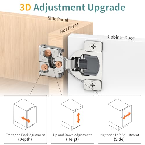 10 Pack 1/2" Overlay 3D Soft Close Hinges for Face Frame Kitchen Cabinet Door Hinges, 3 Way Adjust, Self Closing Concealed Cabinet Hinges-105 Degree
