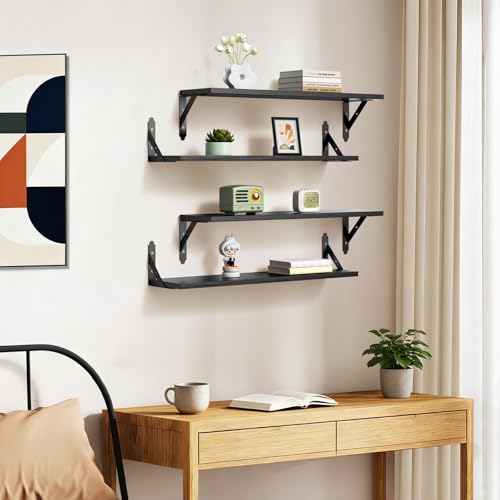 ROMGUAR CRAFT Wood Wall Floating Shelves Set of 4, 23.6" x 6" - Black - color: Black, size: 23.6" x 6"