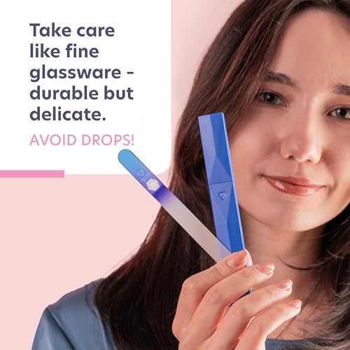 Bona Fide Beauty Glass Nail File with Case (Aqua Cobalt), Made in Czech | Genuine Bohemian Czech glass nail file for natural nails, reusable etched fine grit nail filer, easy to wash nail file - color: Aqua/Cobalt