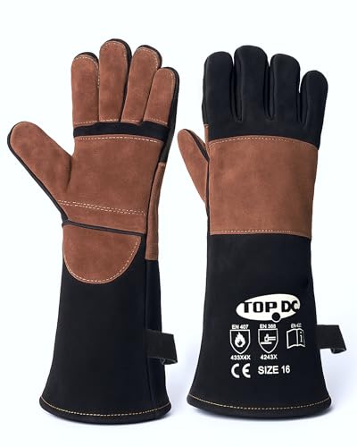 TOPDC Welding Gloves 16Inch 1000℉ Heat Resistant Leather for MIG Stick, M - color: 16 Inch Black-brown (Medium)