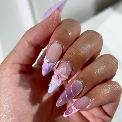 Flower Purple Pink Press on Nails Almond Medium 3D Embossed Flower Fake Nails with Flower Design Floral False Nail Acrylic Spring Summer Stick on Nail for Women 24Pcs - color: purple pink flower