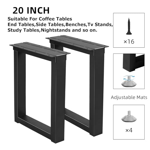 20" Metal Table Legs with Adjustable Protector Feet, Heavy Duty Furniture Legs Set of 2, Modern Desk Feets for DIY Dinning Coffee Tables, Rectangle Shape (20”H x 13”W) - size: 20 '' Square