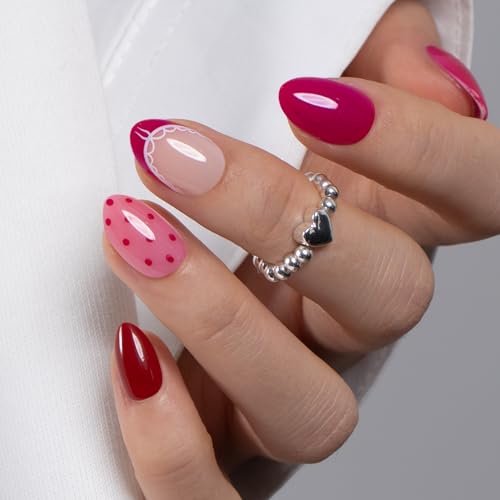 CurvLife Extra Short Almond Press On Nails, Cherry Wild Red, Soft Gel - color: B7 - Sweet Charm