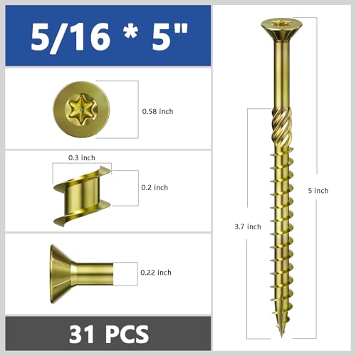 Wensilon 5/16 * 5" Yellow Zinc Deck Screws, (31pcs) 2 lbs.Exterior Wood Screws, Bronze, Star Bit - color: Yellow, size: 5/16*5"