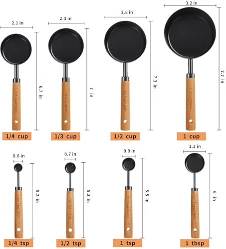 8pc Steel Measuring Set Nonstick Cups Spoons Wood Handle Markings