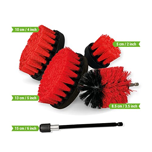 Premium Drill Brush Professional – Stiff 5-Piece Set (5/4/3.5/2 in Brushes + 6 in Extension) | Scratch-Free Heavy-Duty Outdoor Cleaning for Patio, Decking, Garden Tools and Stone Surfaces - color: Red