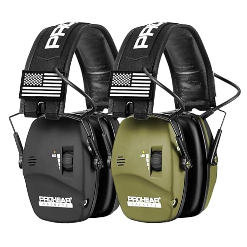 PROHEAR 2 Pack Digital Electronic Shooting Ear Protection 5X Sound Amplification Earmuffs, 23dB NRR Low Profile Noise Reduction Hearing Protection for Gun Range and Hunting, Green&Black - color: 5x Amp