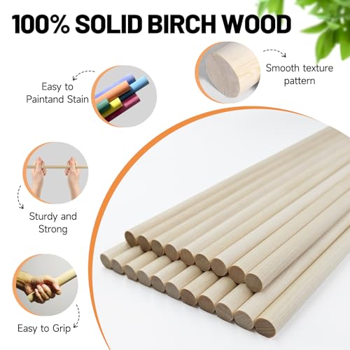 Santoy 20 PCS Wooden Dowel Rods – 3/8 x 15 Inch Round Unfinished Hardwood Sticks for Crafts, DIY Projects, Cake Support, Wedding Ribbon Wands & Art Supplies