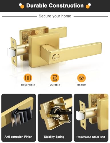 Gobrico 1 Pack Heavy Duty Gold Square Privacy Interior Door Levers, Satin Brass Finish, Bedroom and Bathroom Door Handles Keyless Bed/Bath Lockset - color: Brushed Gold