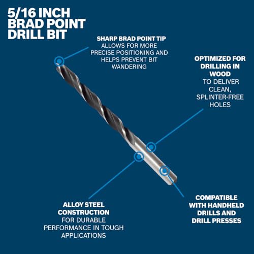 BOSCH BP14604 5/16 in. Brad Point Bit - Precise Starts, Clean Holes, Accurate Wood Drilling, Handheld Drill/Drill Press Compatible - size: 5/16" DIAMETER