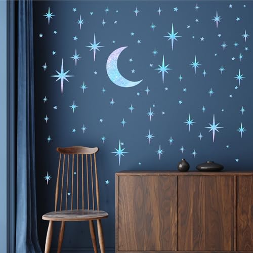 Retro Star Moon Wall Decals Sparkle Art Stickers Mid Century Modern Decor - color: Blue Star and Moon