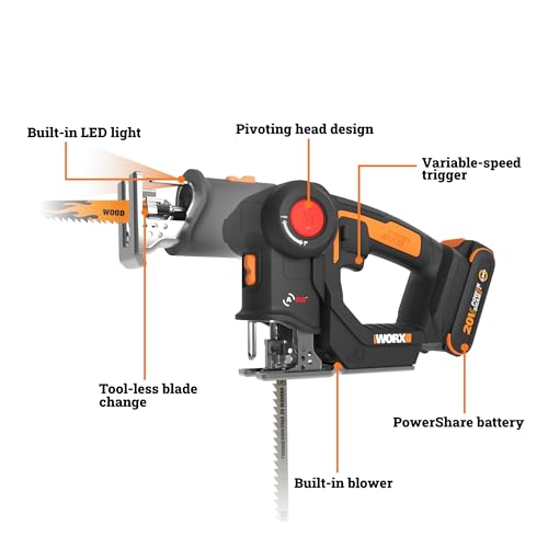 WORX Cordless Reciprocating Saw & Jigsaw, 20V 3/4-Inch 2-in-1, WX550L - style: 20V Battery + Charger Included