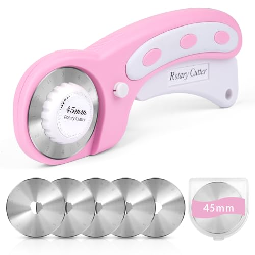 45mm Rotary Cutter for Fabric with 5 Extra Blades, Roller, with Safety Lock - color: Pink