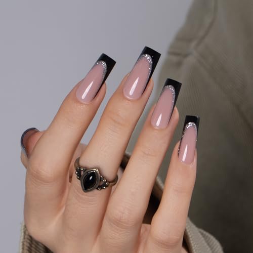 CurvLife Long Square Press On Nails, Noir Shine Black, Soft Gel - color: Noir Shine