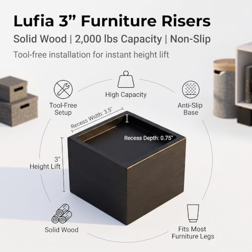 Lufia 3 Inch Solid Pine Wood Furniture Risers 4 Pack, 2000 LBS Non-Slip Lift Blocks for Bed Sofa Cabinet - color: Black - 4-pack, size: 3 Inch