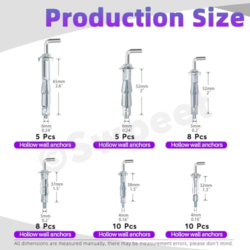 Swpeet 46Pcs M4x32mm M4x38mm M5x37mm M5x52mm M6x52mm M6x65mm L-Shape Heavy Duty Hollow Wall Anchor Set, Hollow Drive Wall Anchor Screws Assortment Kit for Drywall Hollow Wall Plaster Walls