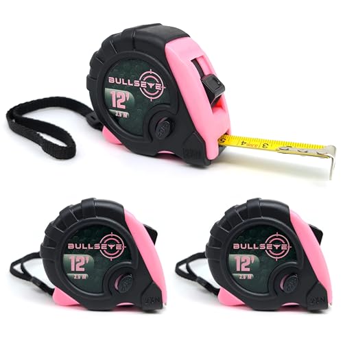 Bullseye Tape Measure 12 Foot 3-Pack | Pink | Small, Retractable Measuring Tapes with Pause Buttons | Easy-to-Read Standard and Metric Measurements for Adults and Kids | Inches and Centimeters - color: Pink