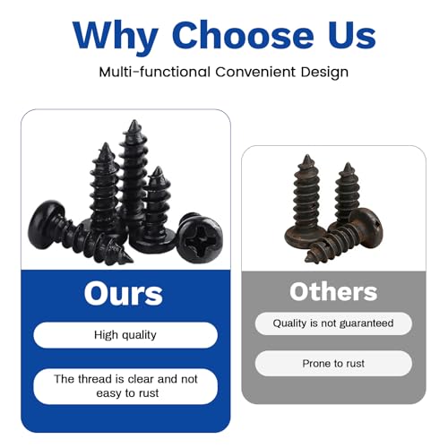 300Pcs M4x6/8/10/12/16 Self-Tapping Wood Screws Assortment Kit, Phillips Pan Head, Black Carbon Steel, 5 Sizes, for Wood Plastic and Soft Metal - size: M4x6/8/10/12/16-300Pcs