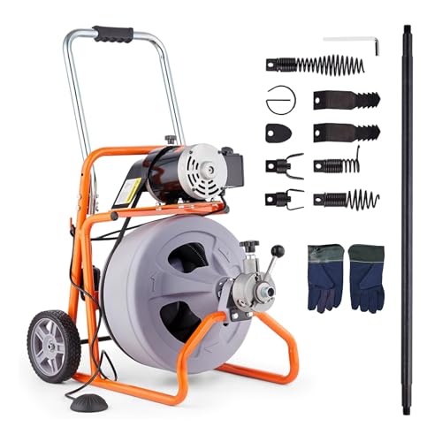 HoldwellS 75FT x 1/2 Inch Drain Cleaner Machine, Auto Feed Electric Drain Auger for 2"-4" Pipes, Enclosed Plastic Drum with 4 Cutters & Pneumatic Foot Switch, Sewer Snake Auger - color: 75FT x 1/2inch (Auto Feed)
