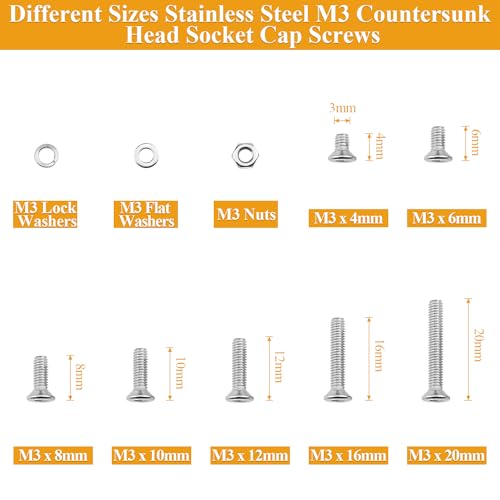 565 Pieces M3 Screws Nuts Washers Set, Sutemribor M3 x 4/6/8/10/12/16/20mm Countersunk Head Socket Cap Screws Nuts Washers Assortment Kit, 304 Stainless Steel, Fully Threaded - size: M3, style: Countersunk Head Socket Cap