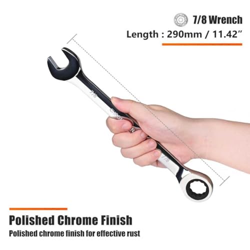 Egofine 7/8 inch Ratcheting Combination Wrench SAE, Industrial Grade Gear Spanner with 12-Point Design, 72-Tooth Ratchet, Chrome Vanadium Steel - size: 7/8"