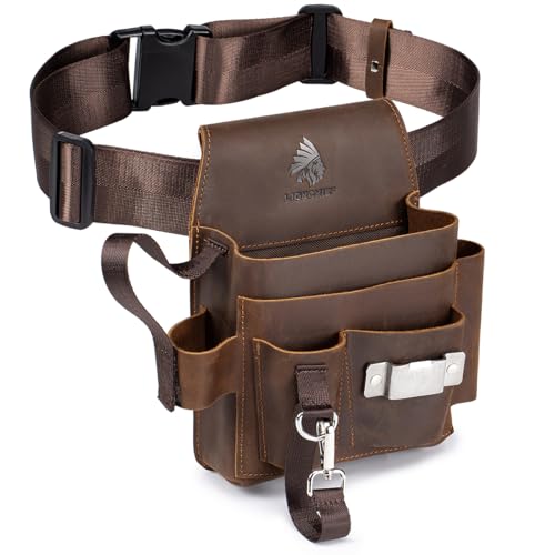 Genuine Leather Electrician Tool Pouch and Belt, Adjustable Leather Tool Belt with Multi-Pockets for Electricians, Brown - size: Small