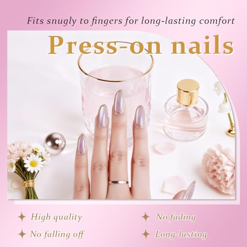 3D Gold Line French Tips Press On Nails Medium Almond, Gold French Tip Cat Eye Press-On Nails, Designer Reusable Acrylic Fake Nail With Glue On Nails, Nails Press Ons False Nails For Women - color: YC-323, size: 24 Pieces (Pack of 1)