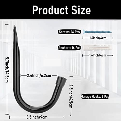 Heavy Duty Garage Storage Hooks, 3.4Inch J Utility Garage Wall Hooks for Hanging, 8 Pack Wall Mounted Hanging Hooks - size: 5.6 Inch x 3.4 Inch