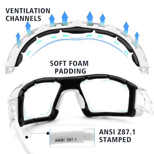UKNOW Safety Glasses - Anti Fog Wraparound Lenses - Removable Foam Gasket - ANSI Z87.1 Protective Eyewear - Impact Resistant - color: White