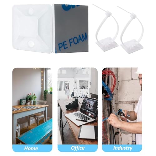 Strong Back-Glue Self Adhesive Cable Zip Tie Mounts Kit - 100 Set Cable Management Clips with 6" Zip Ties, Wire Holders - Outdoor Sticky Wire Organizer Clips - White - color: White