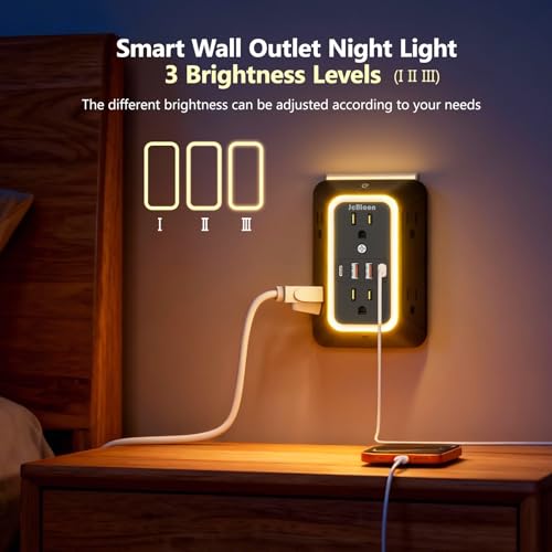 Wall Outlet Extender with Night Light, Power Plug Adapter 6 Outlet Extender with 4 USB Charging Ports（2 USB C）,1050J Power Strip Multi Plug Adapter Spaced for Home Office Travel-Black-ETL - color: Black-1Pcs