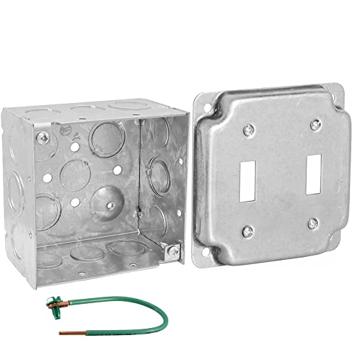 Pack of Box and Cover 4'' Square Electrical Box, 2-Gang Toggle Switch Exposed Work Cover, Crushed Corners, Welded Construction, Ten 1/2'' and Six TKO Knockouts, Raised Ground, 2-1/8'' - size: 2-Gang Toggle